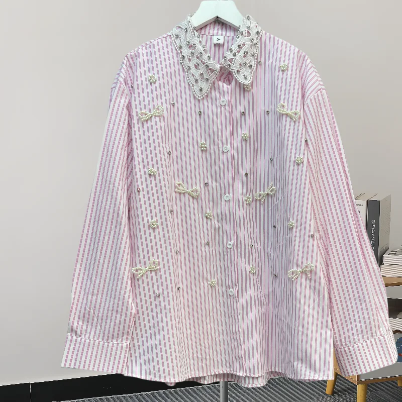 

2025, новинка, европейская, одежда, свободная, в полоску, блузка, модная, сексуальная, воротник POLO, пэчворк, бант, бриллианты, женские, с длинным рукавом, топы, 41274