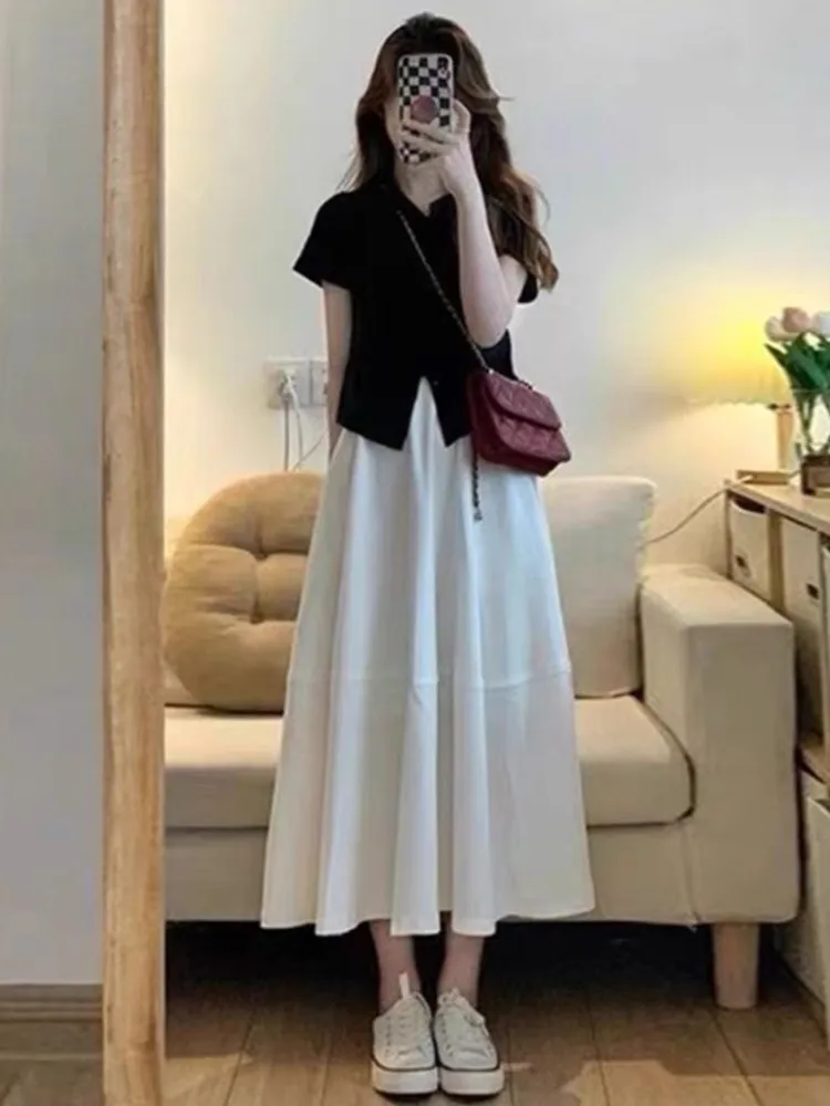 Summer new slim fit top+white casual high-end skirt two-piece set trendy