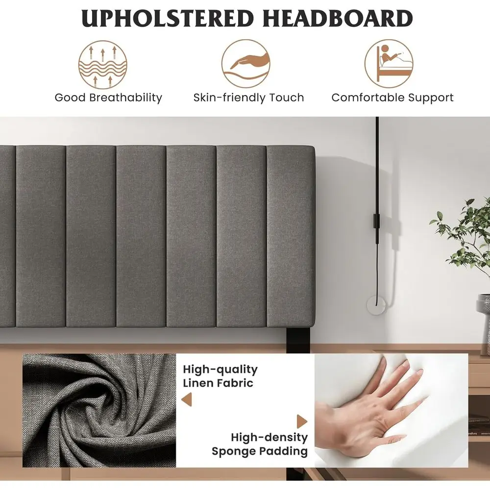 モダンなグレーの布張りのクイーンベッドフレーム、リネン製のヘッドボード、無垢材の脚、調節可能なベース用のスラットなし