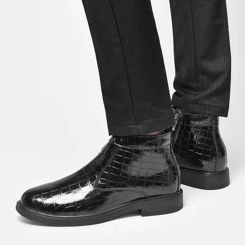 

Fashion Side Zipper Business Leather Boots Men High Quality Rubber Soles Cozy Men Chelsea Boots Winter Plush Warm High Top Boots