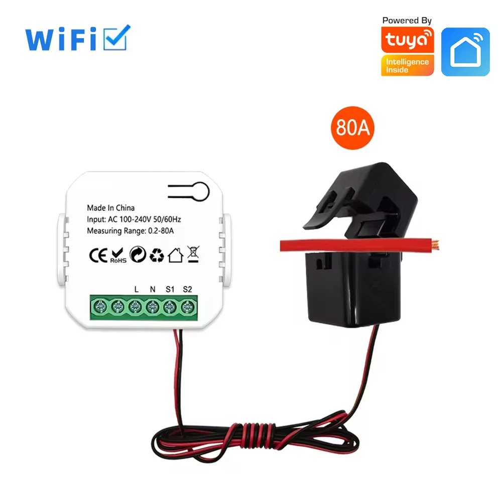 

Tuya Smart Life WiFi Energy Monitor 80A with Current Sensor Clamp App Monitor Power Electricity Statistics 110V 240V 50/60Hz