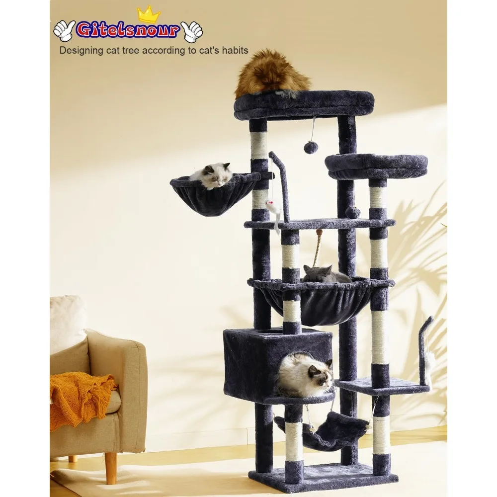 Cat Tree Tower for Large Cats with 2 Big Platforms, 2 Baskets, Condo and Toys, for Indoor Toys, Smoky, 63