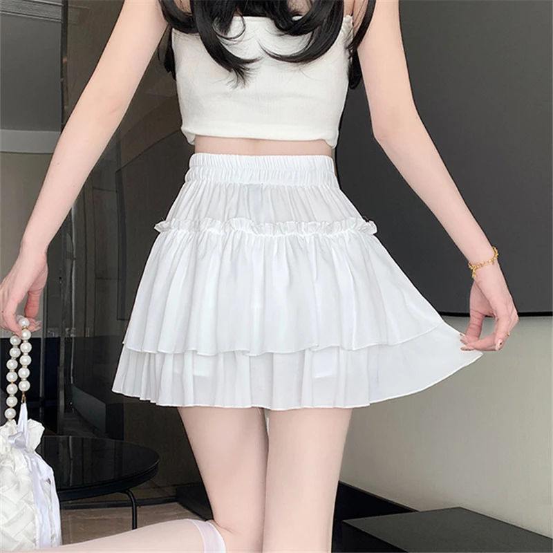 Verano Kawaii elástico de cintura alta negro blanco falda con volantes mujeres moda Slim Fit gasa Mini Faldas Giris Y2k todo fósforo Faldas