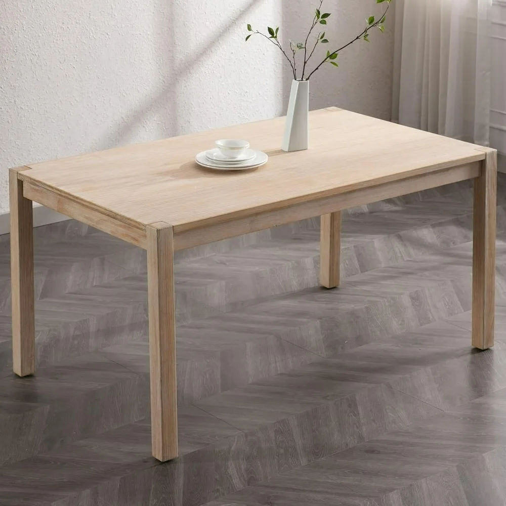 

Farmhouse Dining Table, Solid Wood Kitchen Table, Modern Large Sturdy Dinner Table for Dining Room, Easy Assembly, White-Wash