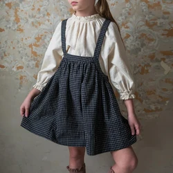 Retro Black Plaid Girls Pinafore Dress 2023 Summer New Children's Cotton Casual Loose Adjustable Straps Dresses TZ288