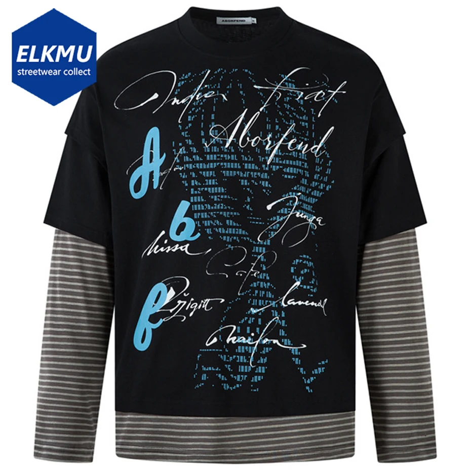 

Streetwear Harajuku Hip Hop Oversized T-shirts Fake Two Piece Long Sleeve Graphic T Shirts Casual Loose Tee Tops Tshirts