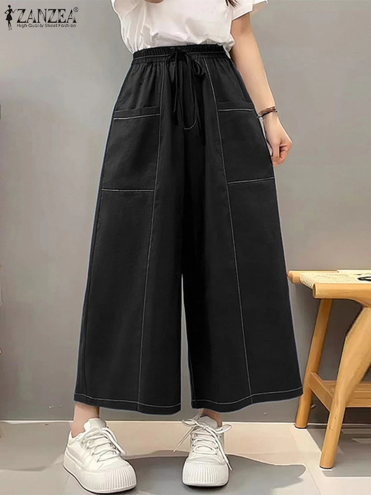 ZANZEA, pantalones vaqueros de pierna ancha para mujer, pantalones holgados informales con cordones, pantalones de verano con bolsillos, pantalones de cintura liso elástico 2025, S-3XL