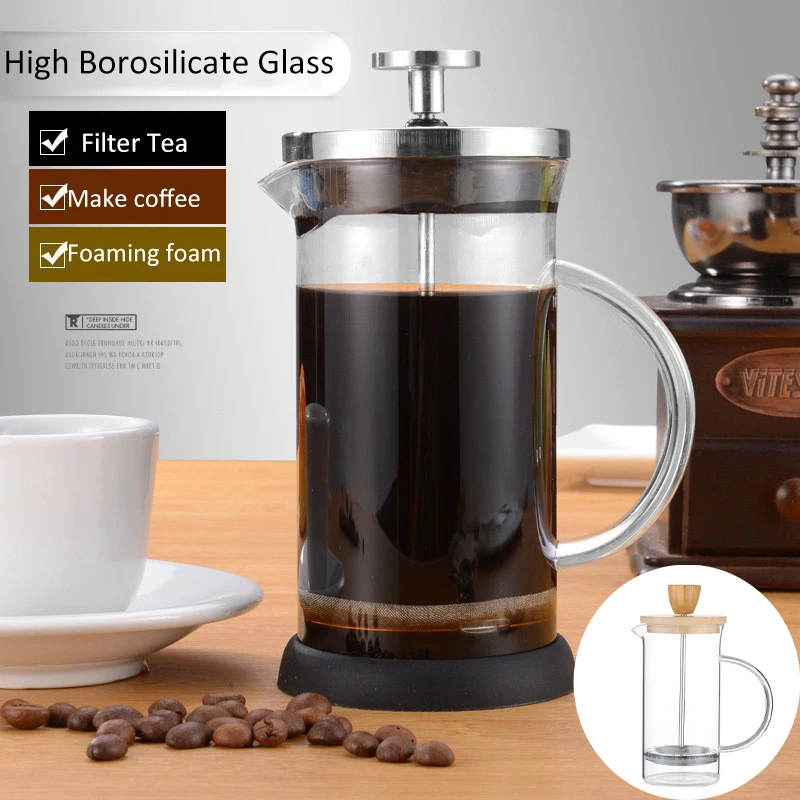 French Press Pot Heat-resistant Borosilicate Glass Hand Brewing Tea Coffee Filter Press Pot with Wooden Lid Hand Punch Kettle