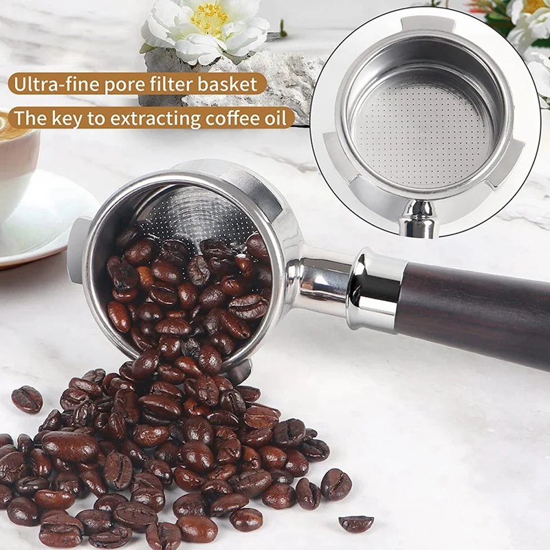 51Mm Portafilter 3 Ears, Stainless Steel,51Mm Bottomless Portafilter With Wood Handle And Filter Basket