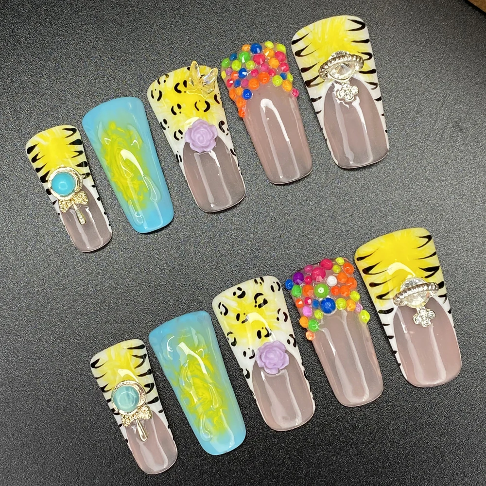 10PCS Exclusive Design Durable Reusable Acrylic Handmade Press On Nails Luxurious Multicolor Covered Decoration False Nails Set