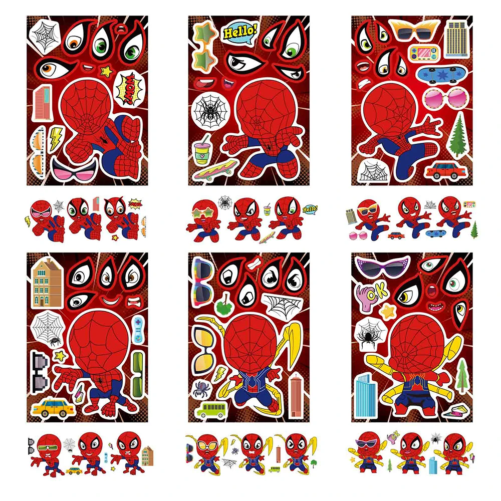 6/12Sheets Disney Cartoon Spiderman Make A Face Puzzle Stickers Kid Make Your Own DIY Game Children Cartoon Jigsaw Education Toy