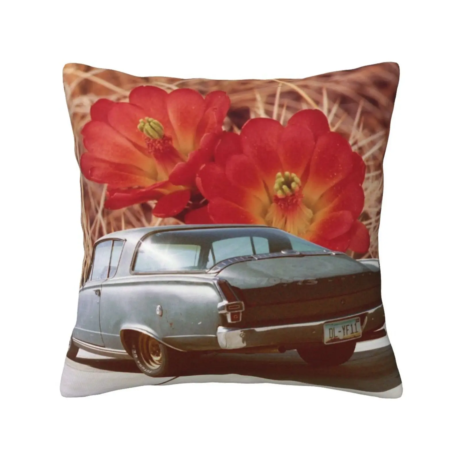 Cactus Blossom Home Sofa Car Waist Throw Pillowcase Collage Surreal Car Auto Desert Cactus Flower Vintage Retro Eclectic 1966