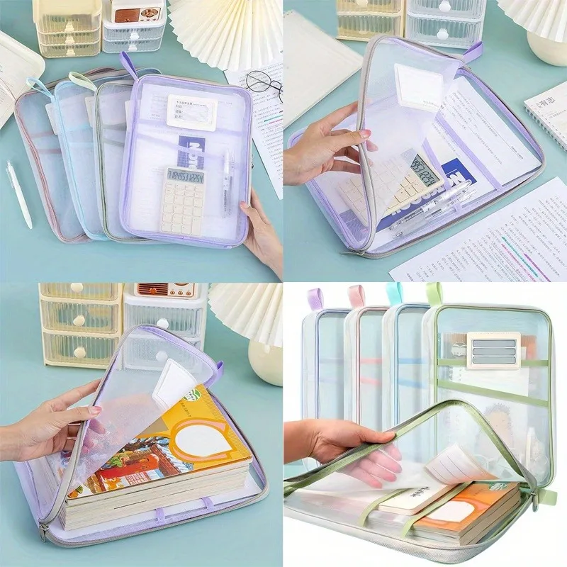 A4 Zipper File Bag Nylon Documents Storage Three Layers Thick Mesh Fabric Transparent Pouch for Books Office Students Supplies