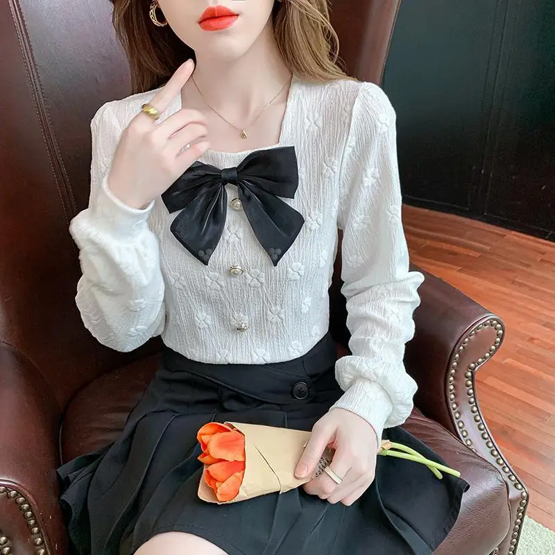 Fashion Square Collar Solid Color Button Bow Blouses Women's Clothing 2023 Autumn Winter Loose Sweet Tops Puff Sleeve Shirts