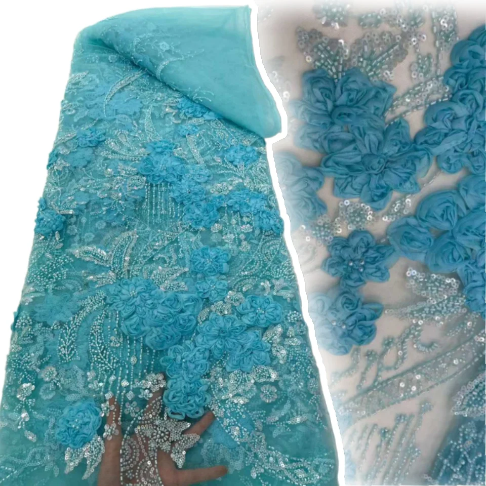 

3D French African Groom Lace Fabric Beaded High Quality Embroidery for Women Wedding Dress Sequin Lace Fabric 5 Yards CC1393