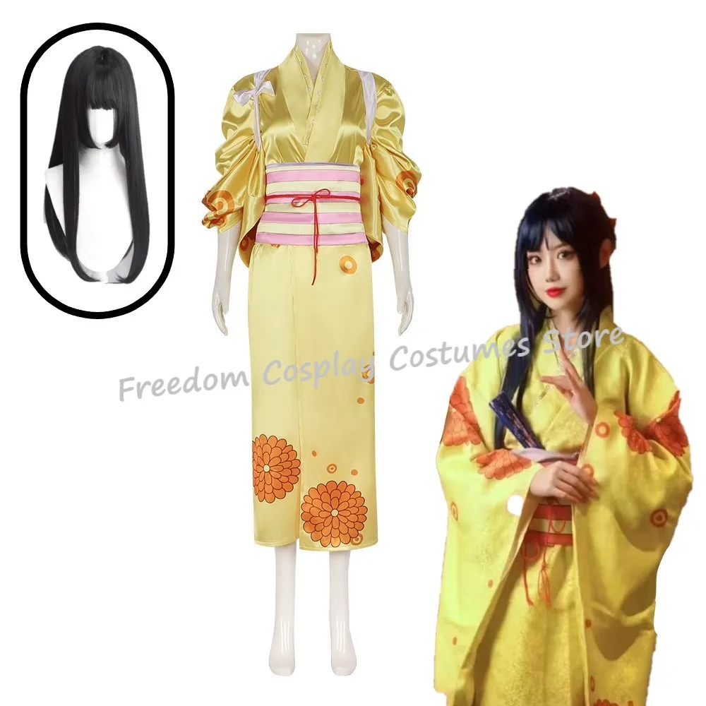 Disfraz de Cosplay de Kikunojo, Peluca de Cosplay de Anime de Kikunojo, Kimono Amarillo, Uniforme de Fiesta, Vestido Sexy para Mujer, Atuendos de Halloween