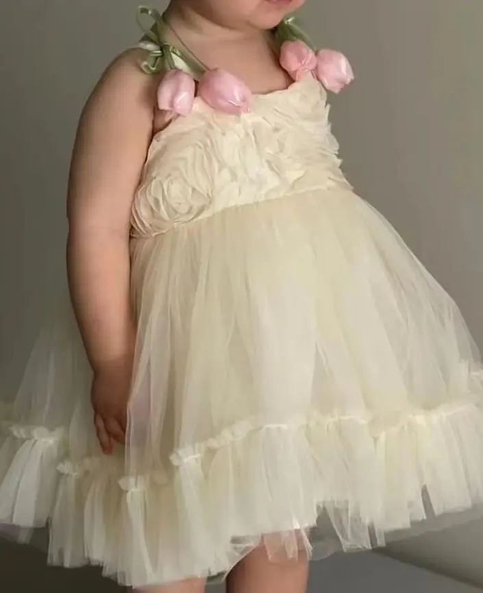 Flower Girl Dress Soft Cream Baby Flower Girl Dress 3D Tulip Ruffled Tulle Skirt Birthday Wedding Party Gown Customized
