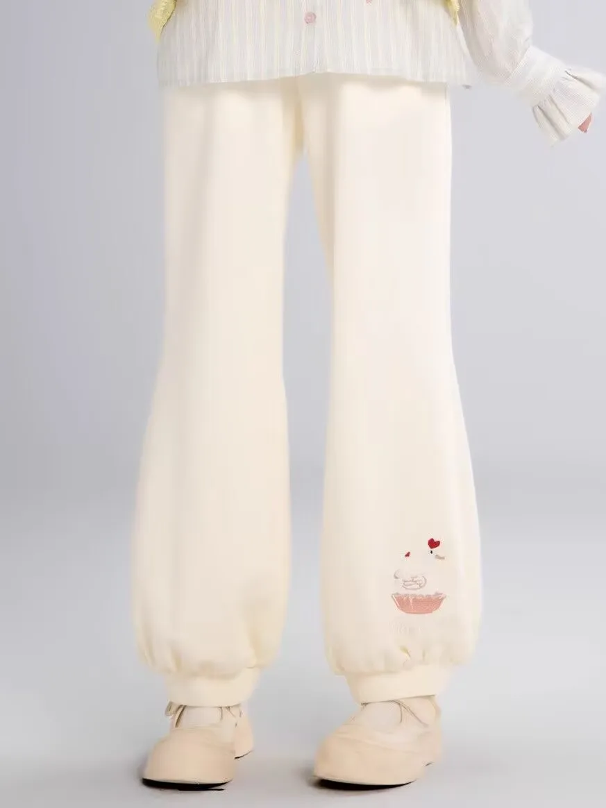 和菓子ロリータレディースハイウエストコーデュロイピンクパンツラブグース刺繍ワイドレッグパンツ Y2k ルーズかわいいかわいいズボン