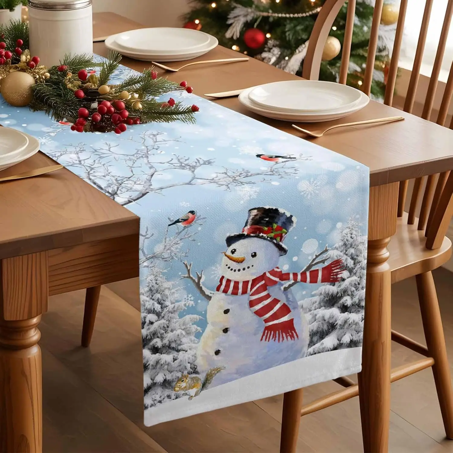 Christmas Tree Snowman Linen Table Runner Holiday Party Decor Winter Snow Branch Bird Dining Table Runners Christmas Decorations