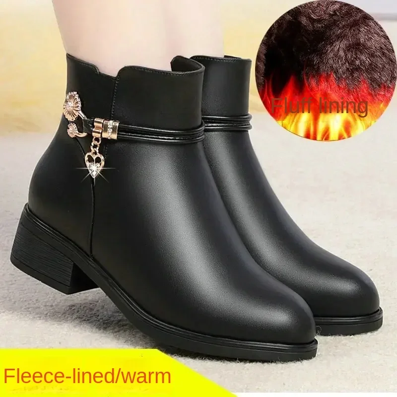 Soft Leather Mom Shoe 2024 Spring Winter with/Without Plush Warm Women Snow Boots Soft Sole Med Heel Short Boot Black