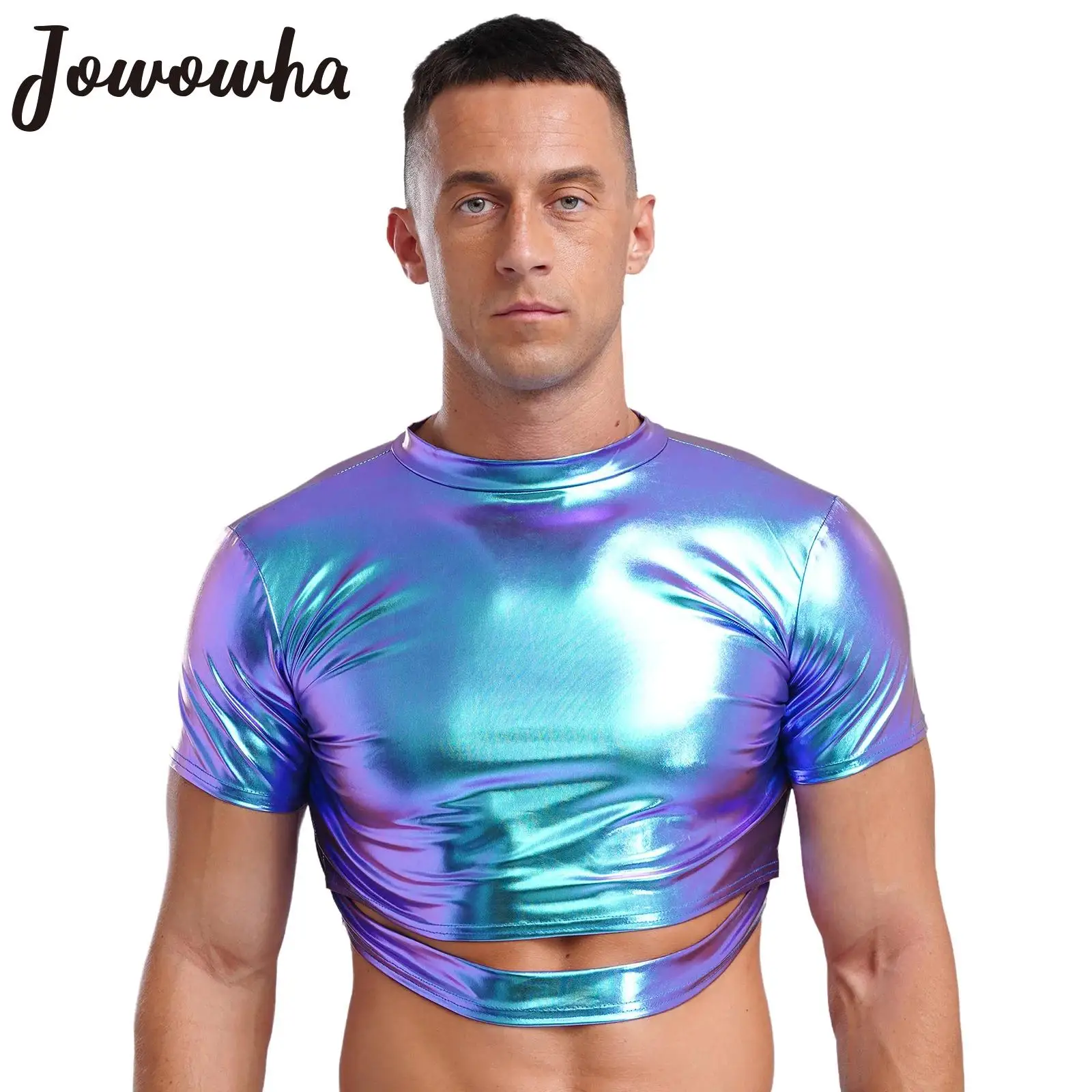 Mens Metallic Shiny Crop Top Mock Neck Short Sleeve Cut Out Bodycon Shirts Fashion Blouses for Jazz Dancing Disco Party Clubwear