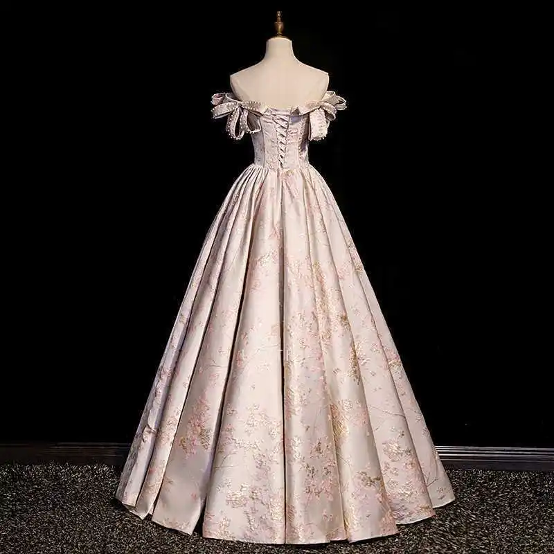 Rosa Retro Gedruckt Floral Abend Party Kleid Perle Schleife Off Schulter Geburtstag Formale Kleid Luxus Satin Braut Engagement Vestido