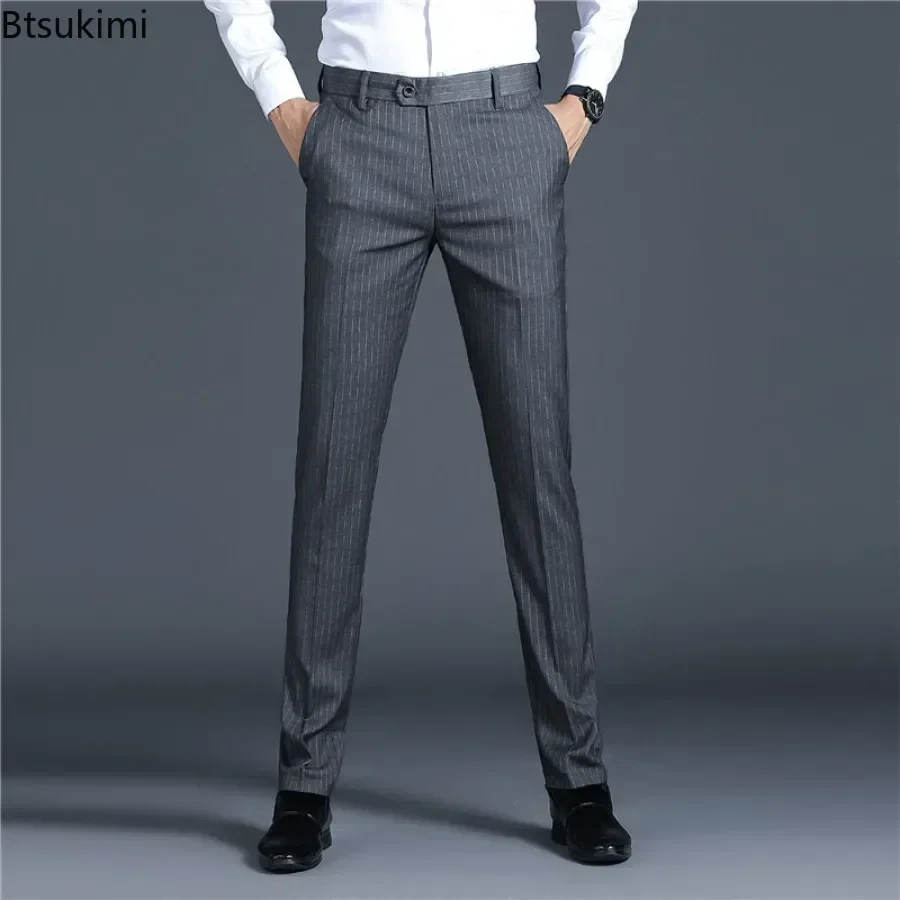 2025 New Men's Suit Pants Spring Autumn Fashion Thicker Business Casual Trousers Men Striped Slim Non-ironing Breath Suit Pants