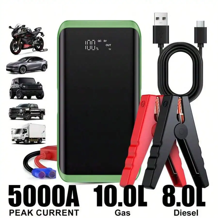 5000A Peak Integrated Heavy-Duty Emergency Jump Starter Features A USB Port, LED Flashlight, And 12V Lithium-Ion Fast Charging.