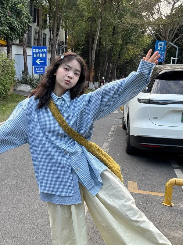 

Женские лоскутные клетчатые рубашки и блузки Y2k, винтажная корейская мода в стиле Харадзюку 90-х годов, элегантная рубашка-поло с длинными рукавами, верхняя одежда