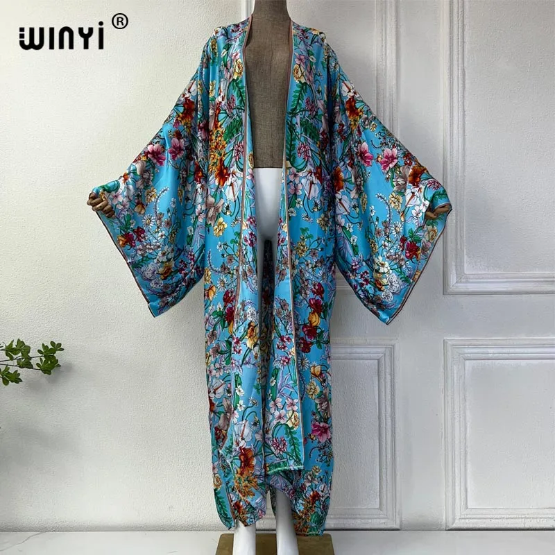 WINYI lato 2024 kimono z kwiatowym nadrukiem okrycie plażowe strój kąpielowy elegancka afrykańska sweter damski boho seksowna wakacyjna sukienka