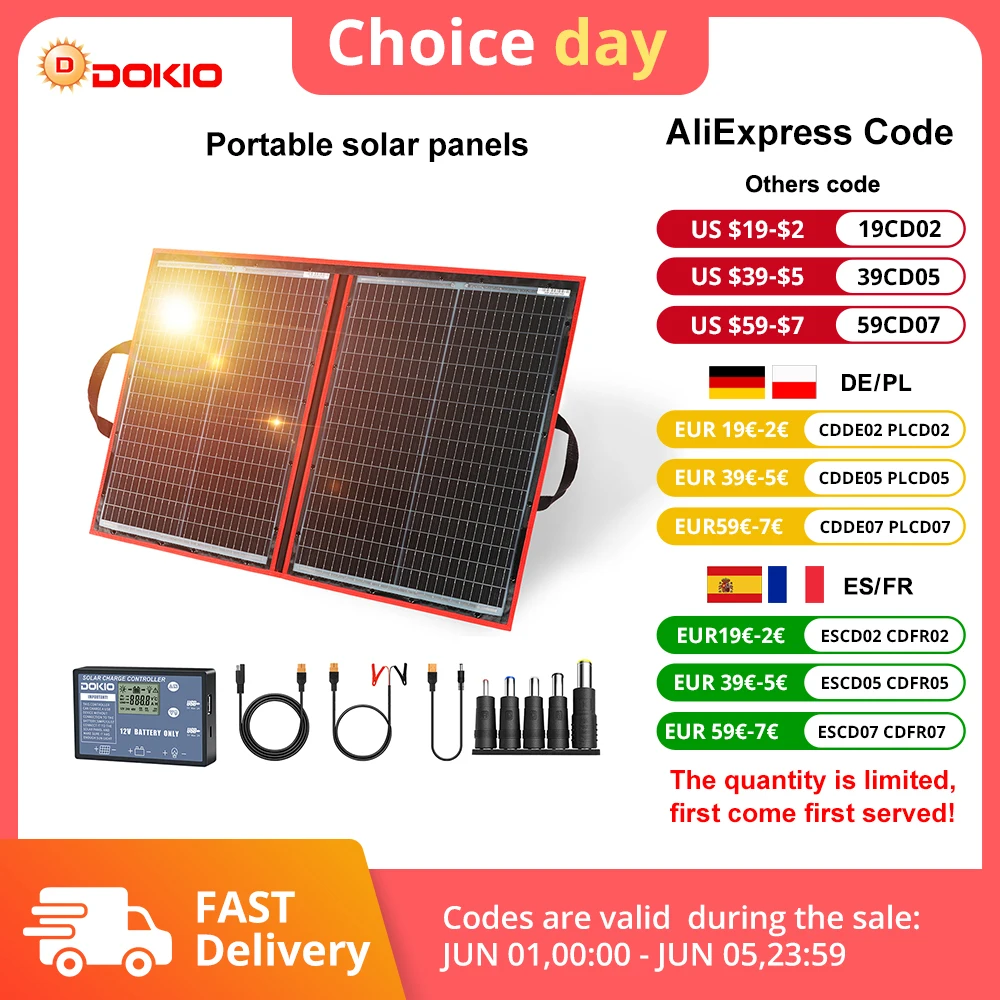 Dokio 18V 100/160/200/300 W tragbares faltbares Solarpanel mit 12V-Controller zum Aufladen der