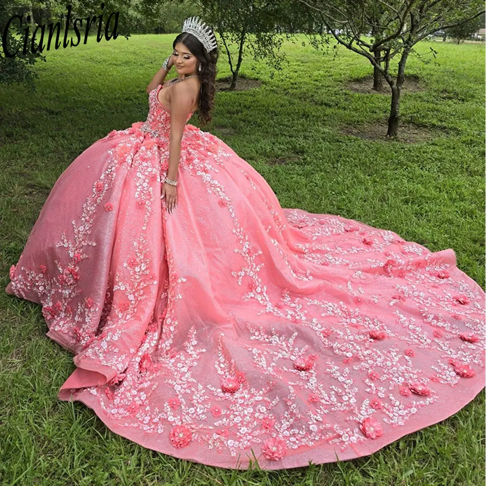 Pink 3D Floral Lace Flowers Ball Gown Quinceanera Dresses Glitter Crystal Beading Sweetheart Sweet 16 Vestido De 15 Anos