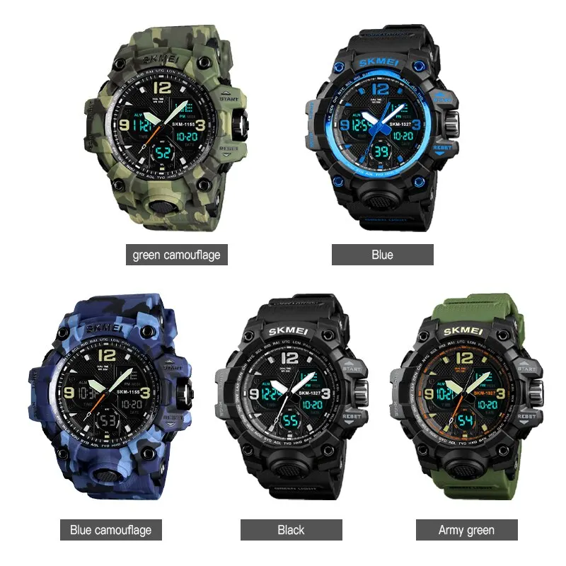 Skmei Fashion Back Light Esportes Relógios Mens 5bar impermeável 2 Time Chrono Digital Relógios de pulso Masculino Reloj Hombre