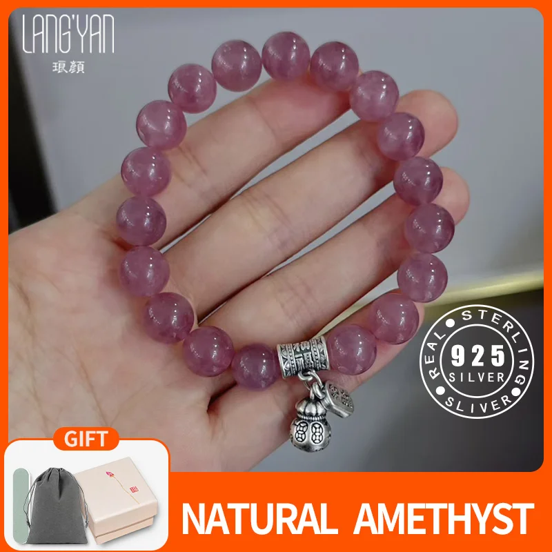 

Langyan Chinese Style Amethyst Beads Bracelet with 925 Sterling Silver Lucky Bag Charms Handmade Jewelry Gift for Woman SL184