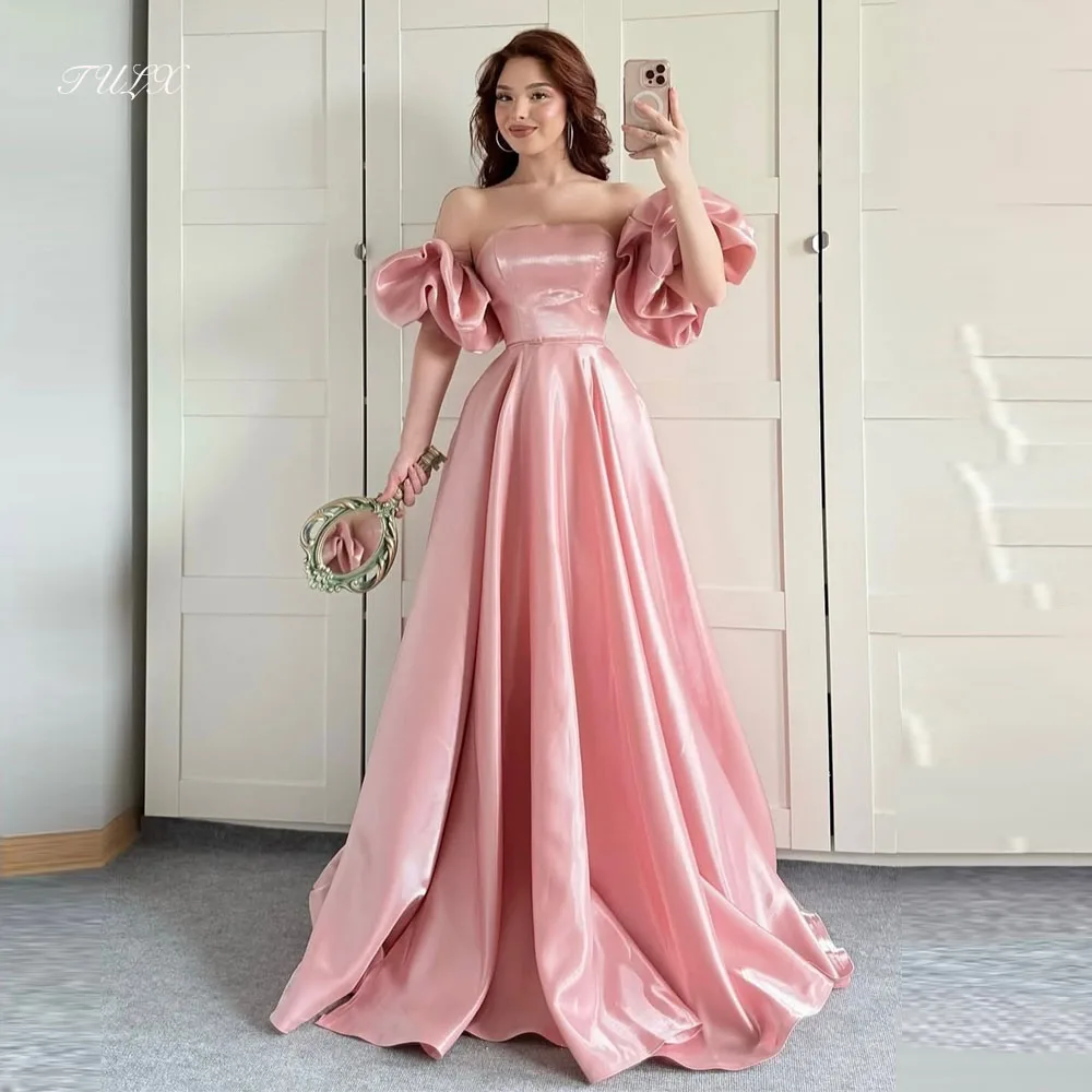 

TULX Satin Pink Satin Evening Dress Strapless Puff Sleeves Party Dress A line Floor Length Arabo Formal Event Dress Customized