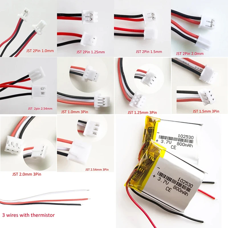 3.7V 800mAh Lipo Rechargeable Battery 102530 with JST 3pin 2pin plug For MP3 GPS Bluetooth Recorder E-book Led Light Smart Watch