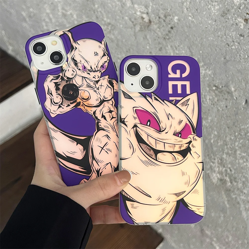 Cartoon Anime Pokemon Gengar Mewtwo Earphone Cases for iPhone 12 13 14 15 Pro Max Laser Soft Cover