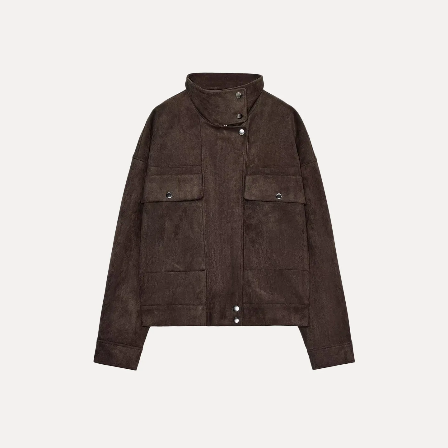 معطف نسائي فضفاض للطيار لخريف 2025 جديد Sle من جلد الغزال الصناعي ملابس خارجية طويلة مع سحاب للإغلاق وياقة واقفة #5