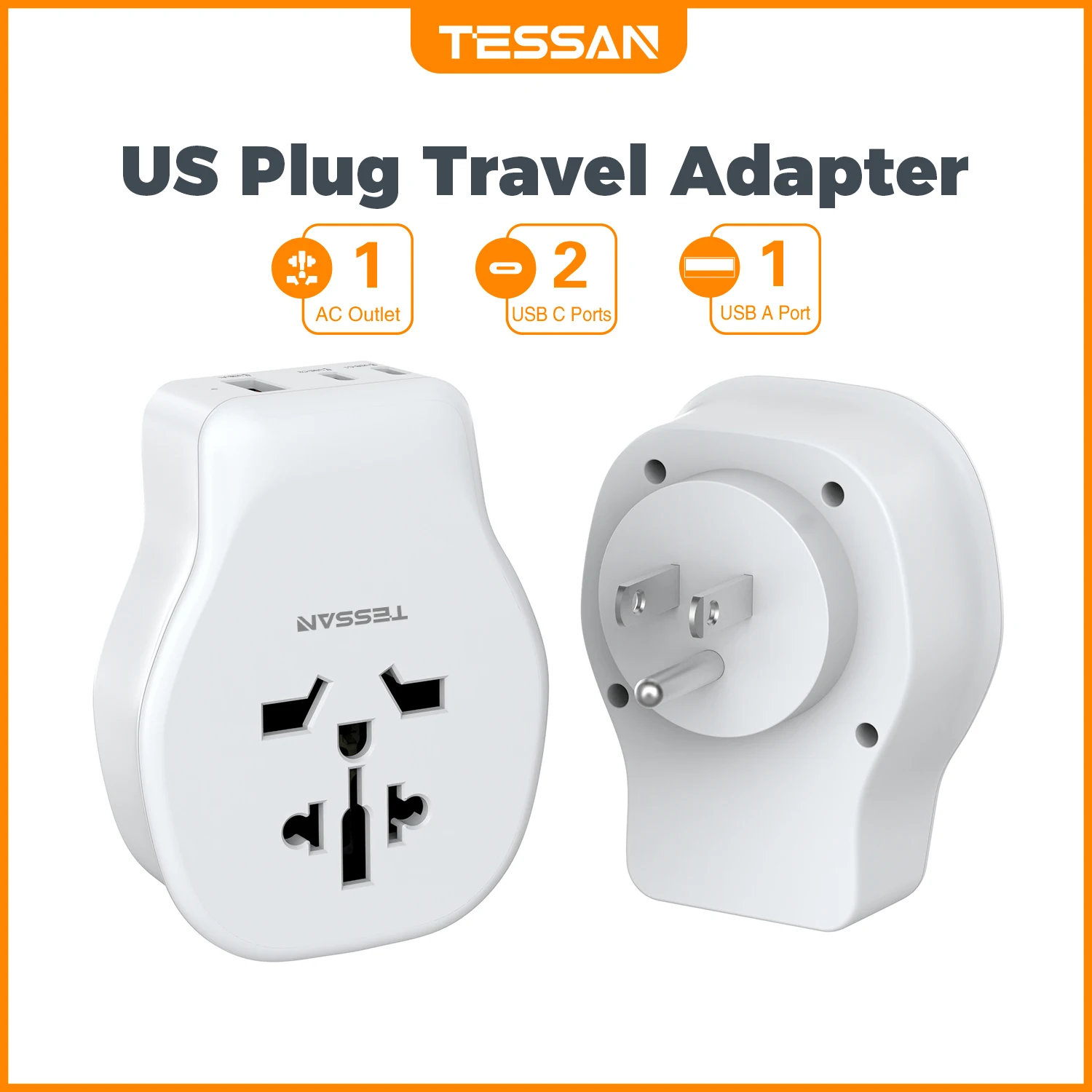 TESSAN reisadapter met UK/US/EU/AUS/IT/JPN-stekker Universeel stopcontact 3 USB-poorten Meerwandig reisaansluiting naar VS UK Travel