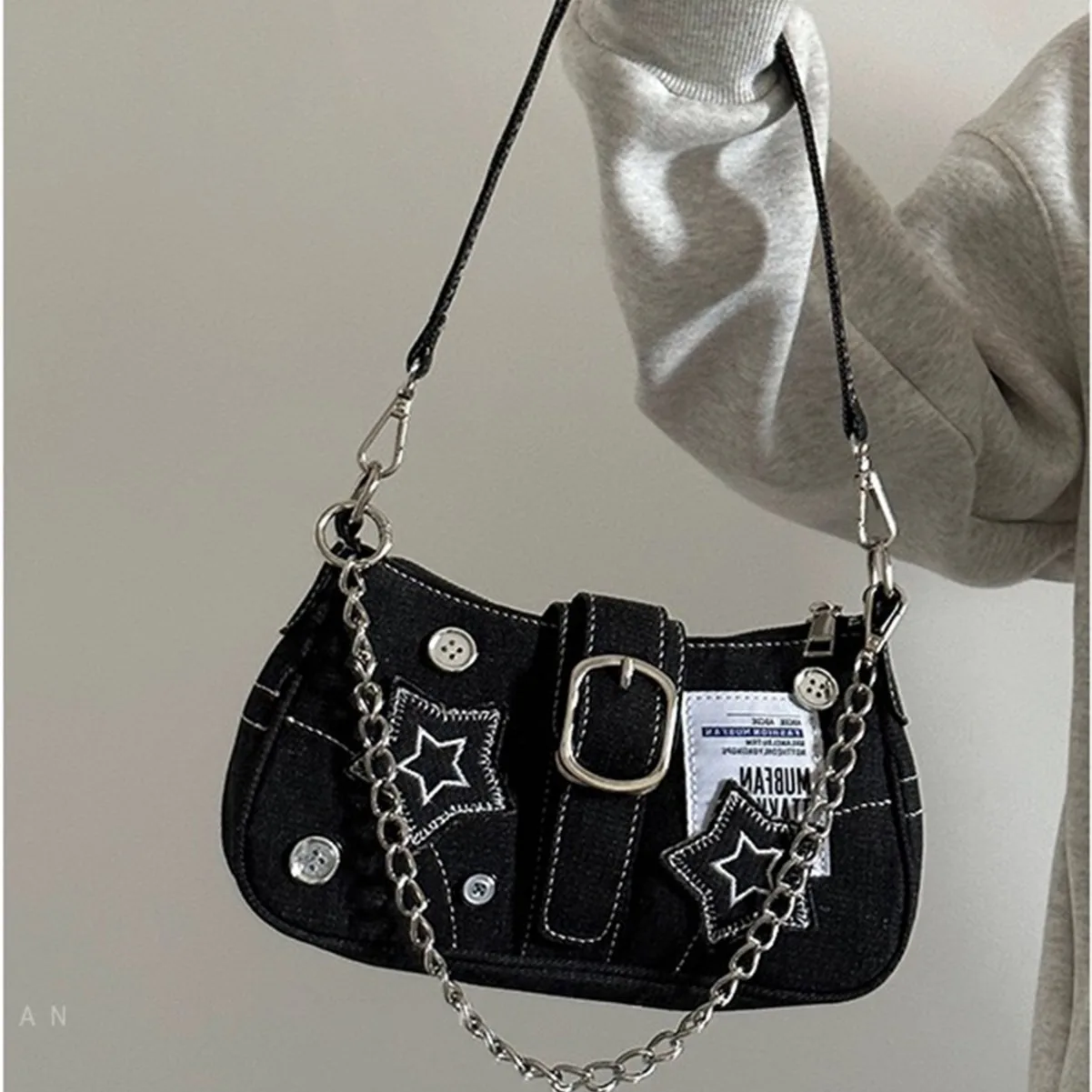 

Y2K millennium star cowboy underarm bag with button decoration, fashionable trendy niche design embroidered canvas tote bag