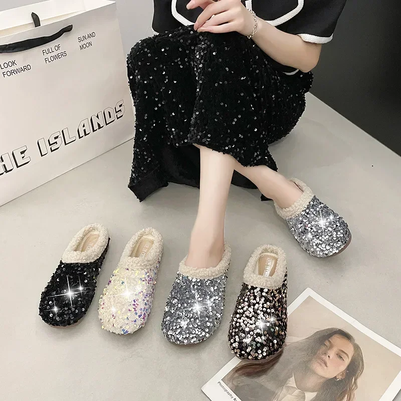 

2024 Best-selling New Baotou Sequin Cotton Slippers Fashion Flat Plush Slippers Home Indoors and Outdoors Wear Fluffy Slippers