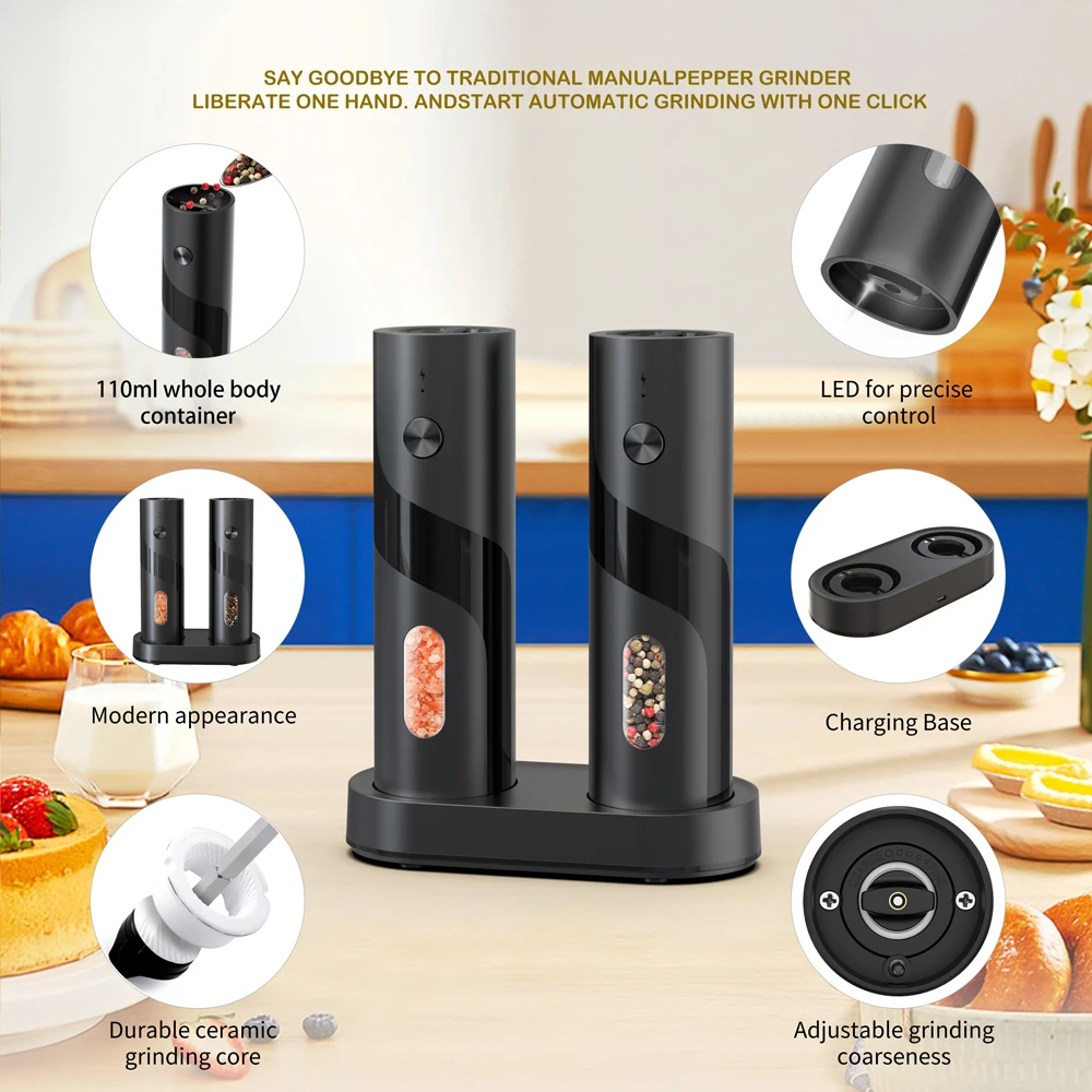 1/2pcs Rechargeable Electric Salt And Pepper Grinder Top-Fill Automatic with Adjustable Coarseness Easy to Refill for Christmas