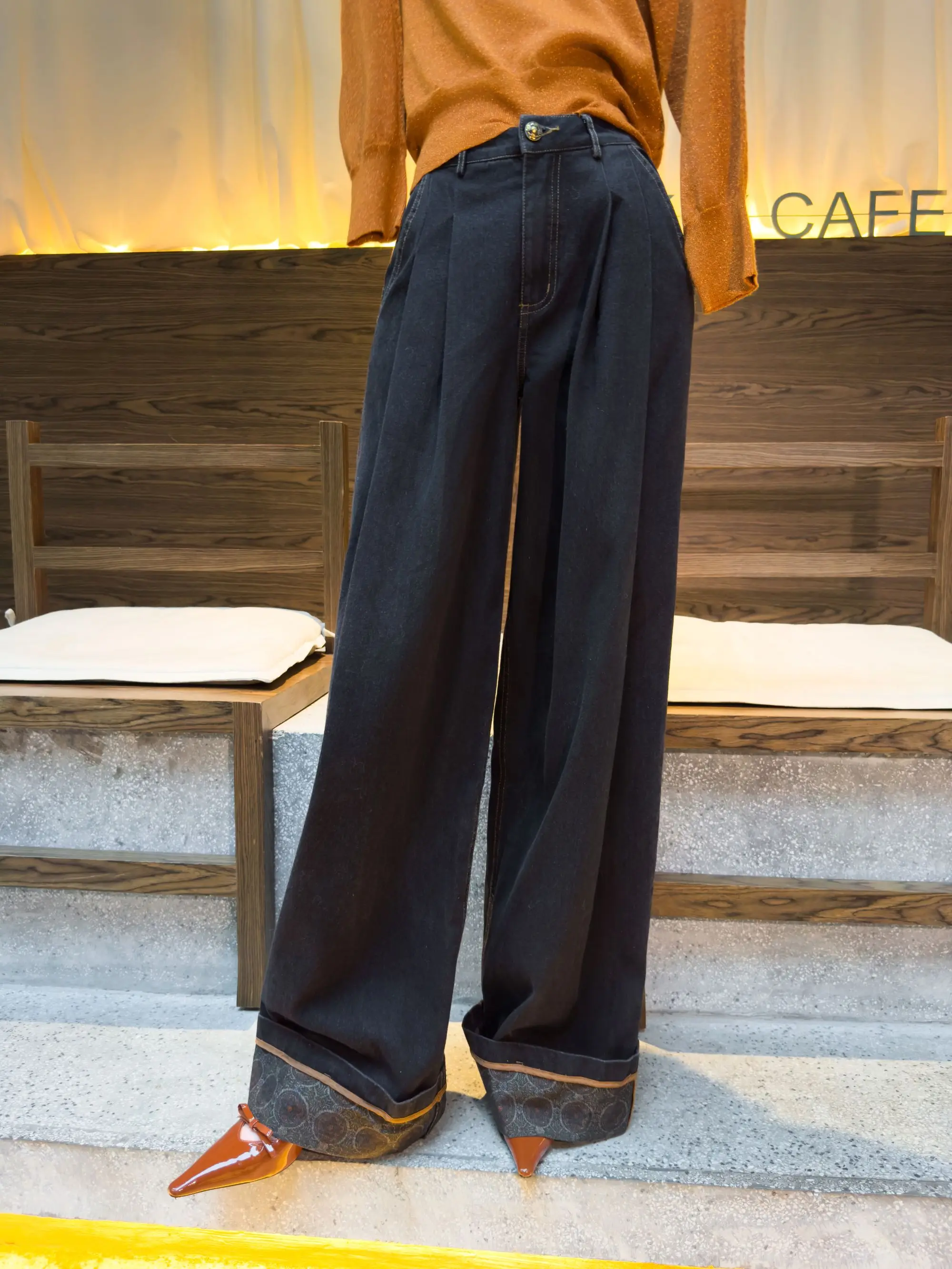 

Женские джинсы Ele с высокой талией, широкими штанинами, модным принтом, свободного кроя, с отворотами, осенние, из хлопкового денима, с плиссировкой