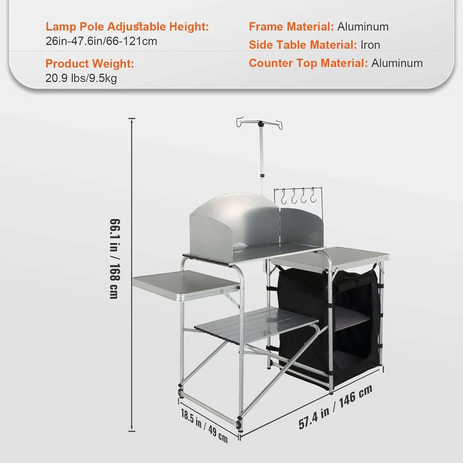 Mesa de cozinha de acampamento, estação de cozinha dobrável portátil de alumínio com pára-brisas, armário, organizador de armazenamento, bolsa de transporte