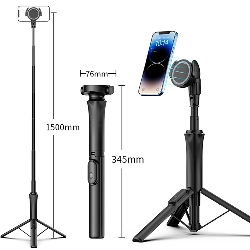 Trépied de téléphone Selfie Stick magnétique avec télécommande sans fil, support extensible pour téléphone portable, compatible avec Magsafe