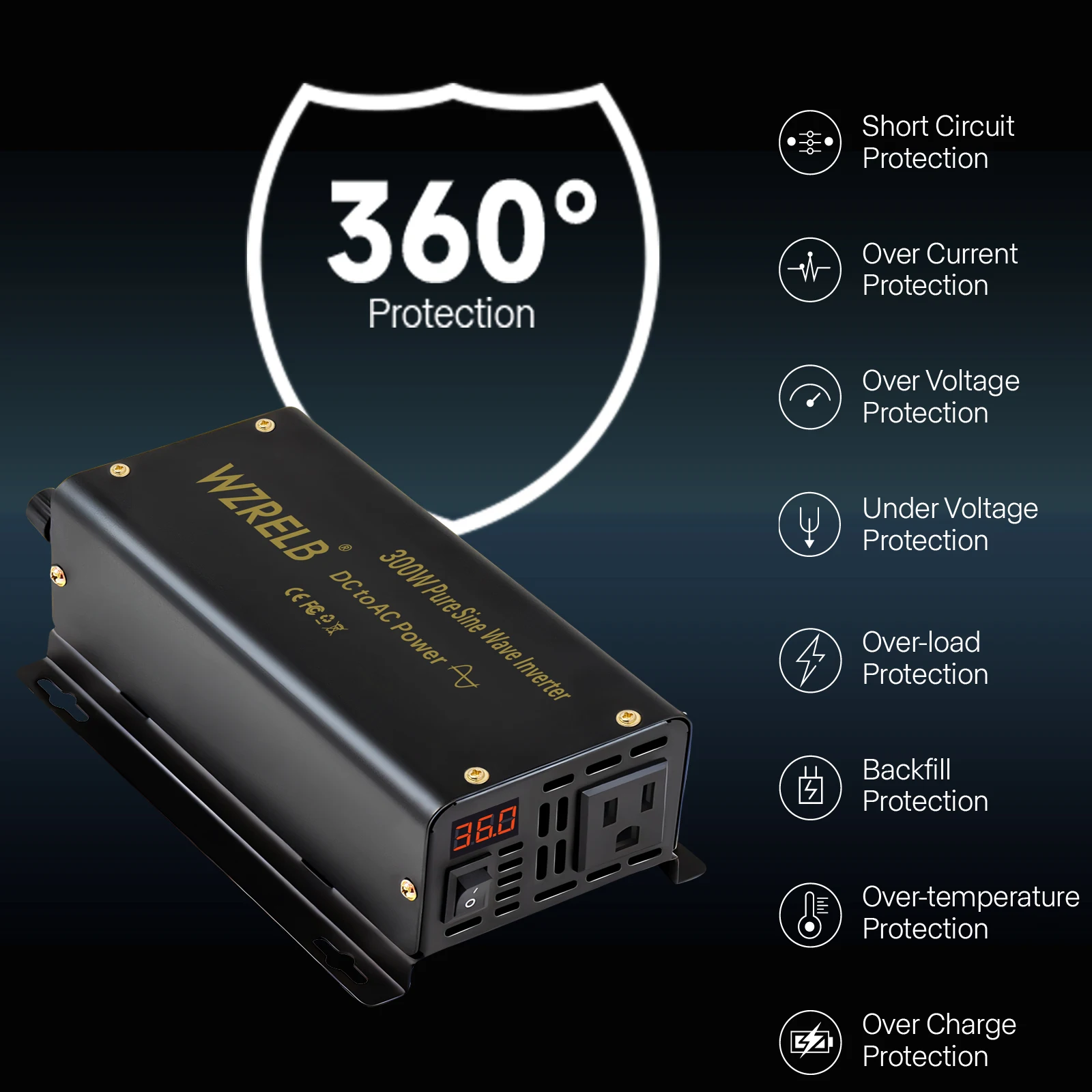 WZRELB 300 W reiner Sinus-Auto-Wechselrichter, netzunabhängig, 12 V/24 V/36 V/48 V DC auf 110 V, 220 V AC, 50/60 Hz – Detail 5