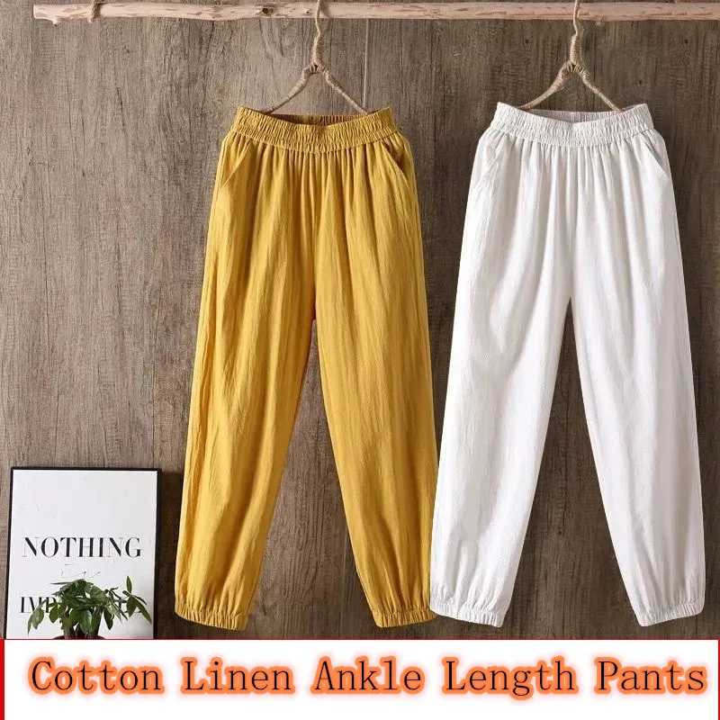 

Women Pants Spring Autumn Ankle Length Casual Solid Elastic Waist Girls Pants Summer Thin Cotton Linen Harem Trousers 4XL