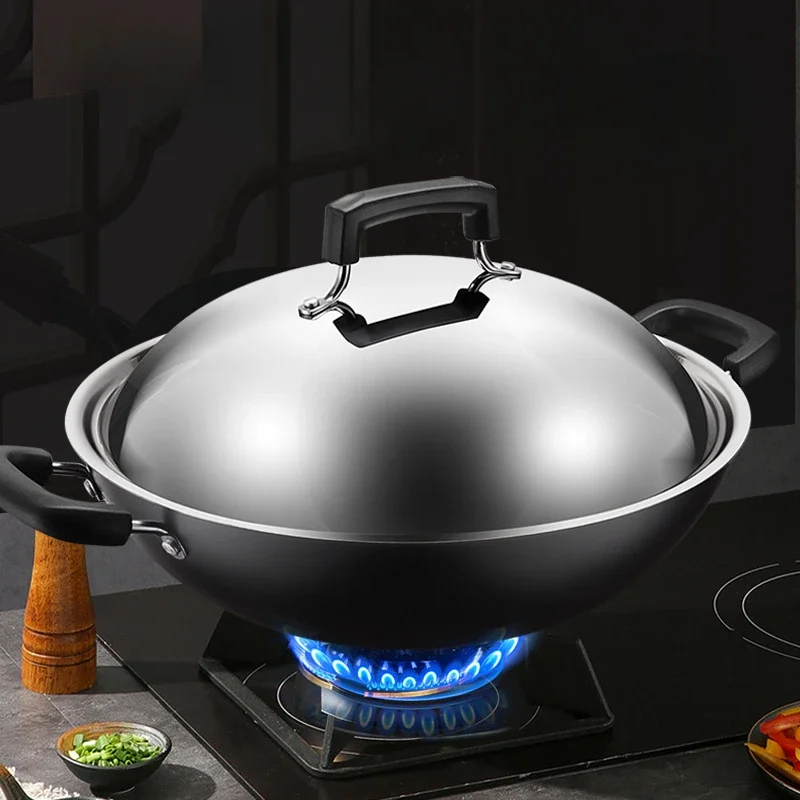 Uncoated cooking emperor wok binaural cast iron household old-fashioned iron pan flat bottom induction cooker gas universal