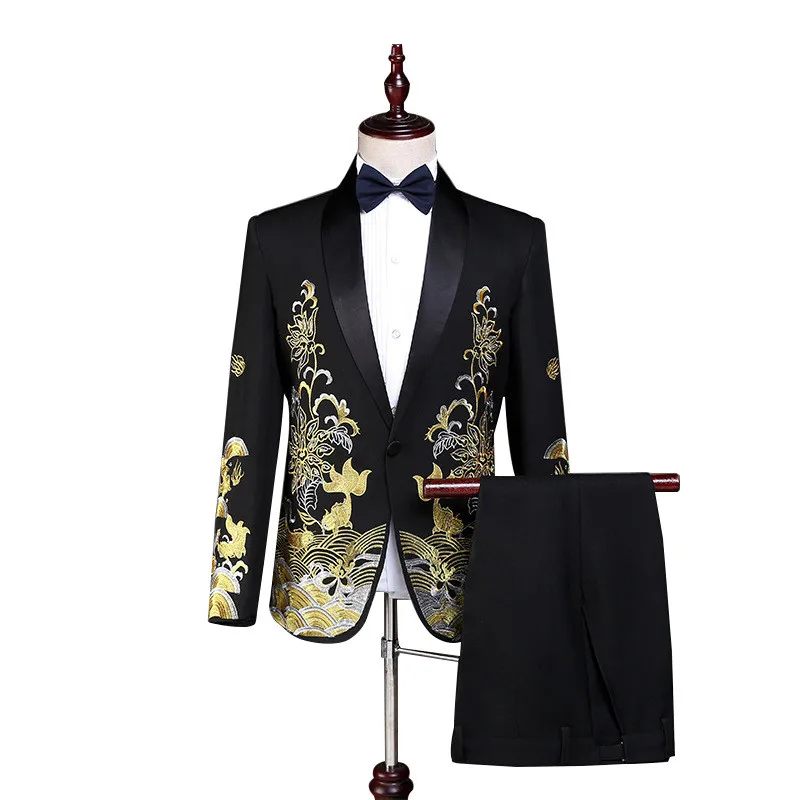 

New European Size (Blazer + Trousers) Men's Suit Elegant Trend Embroidery Emcee Host Dress Best Man Performance Suit 2-piece Set