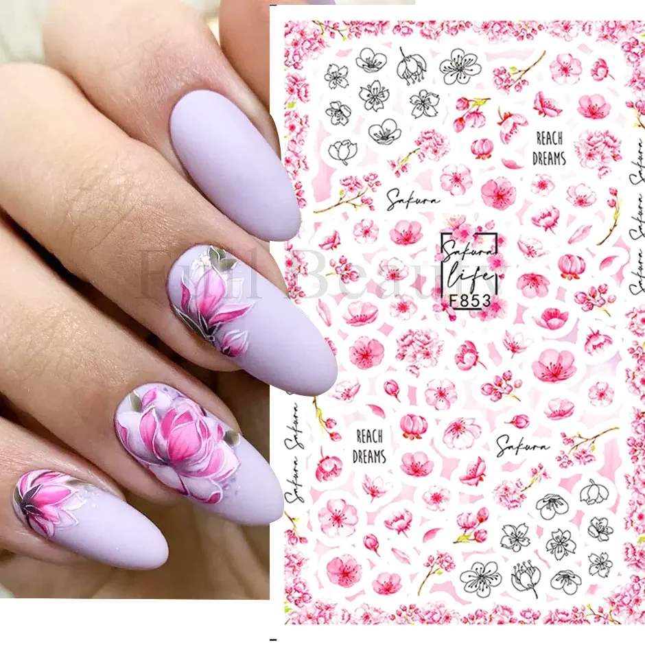 3D Spring Watercolor Nail Sticker Purple Flower Leaf Slider Nail Art Decoration GLF850